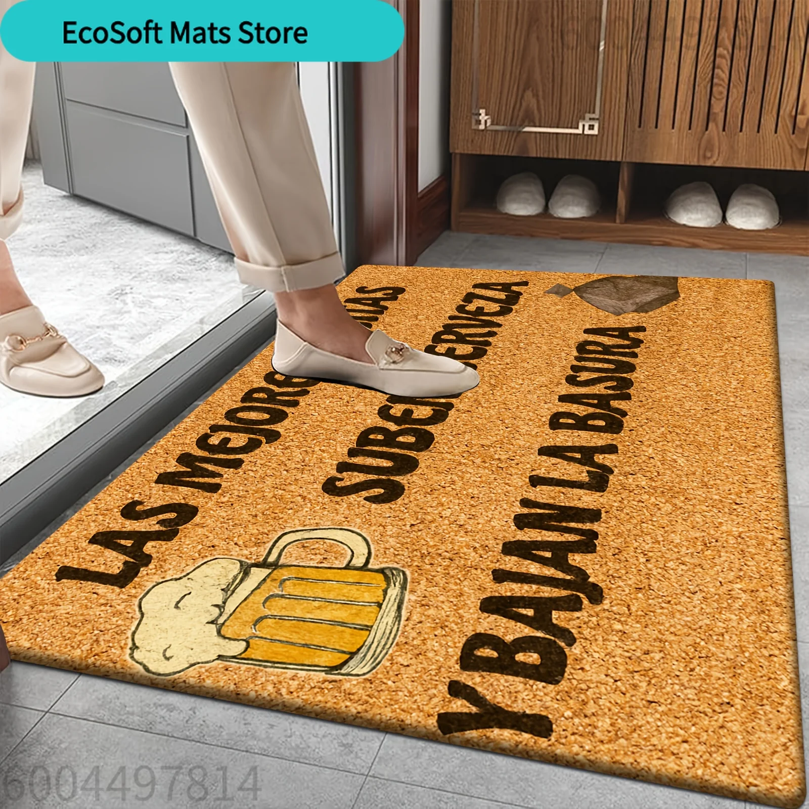 Divertido tapete para puerta con diseño de cerveza y basura | Impresión de texto en español, uso en múltiples escenarios: dormitorio, cocina, comedor, baño, etc.