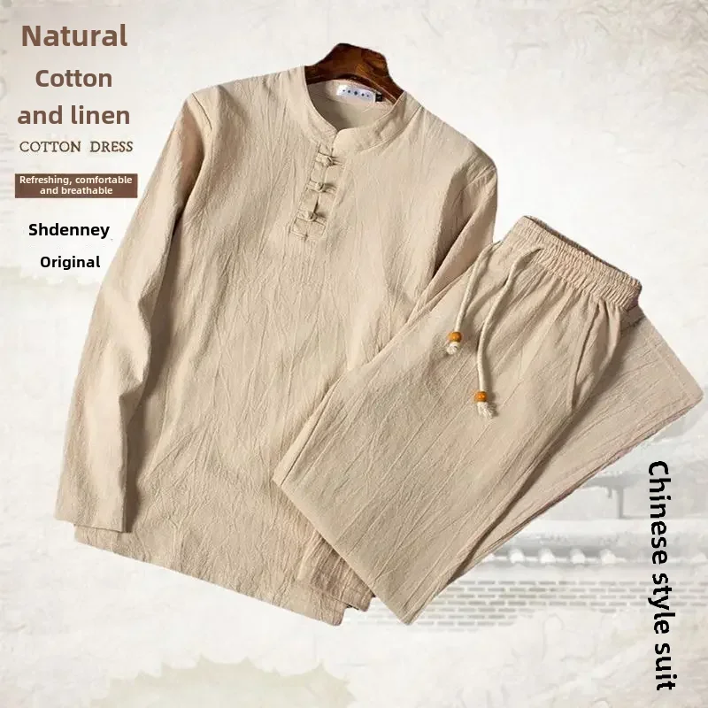 

Linen Suit Men's Loose-fit Mid-age Senior Citizen Wardrobe Long Sleeve Spring Autumn Trousers Style Father Son Cotton Linen Suit