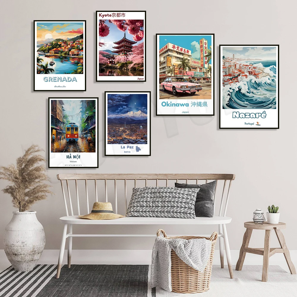 أوكيناوا اليابان، ساحل أمالفي، جزيرة كابري، هانوي فيتنام، البرتغال، أشجار زهر الكرز كيوتو، تكساس، ملصق السفر الكاريبي