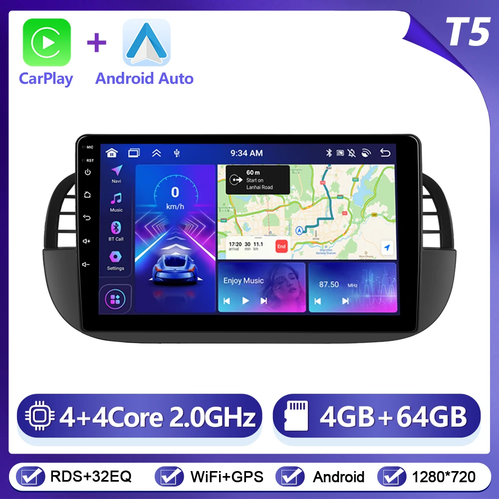 Podoyo CarPlay Android Radio voor FIAT 500 2007-2015 omdat Intelligent System 2Din GPS Stereo Head Unit Multimedia Speler