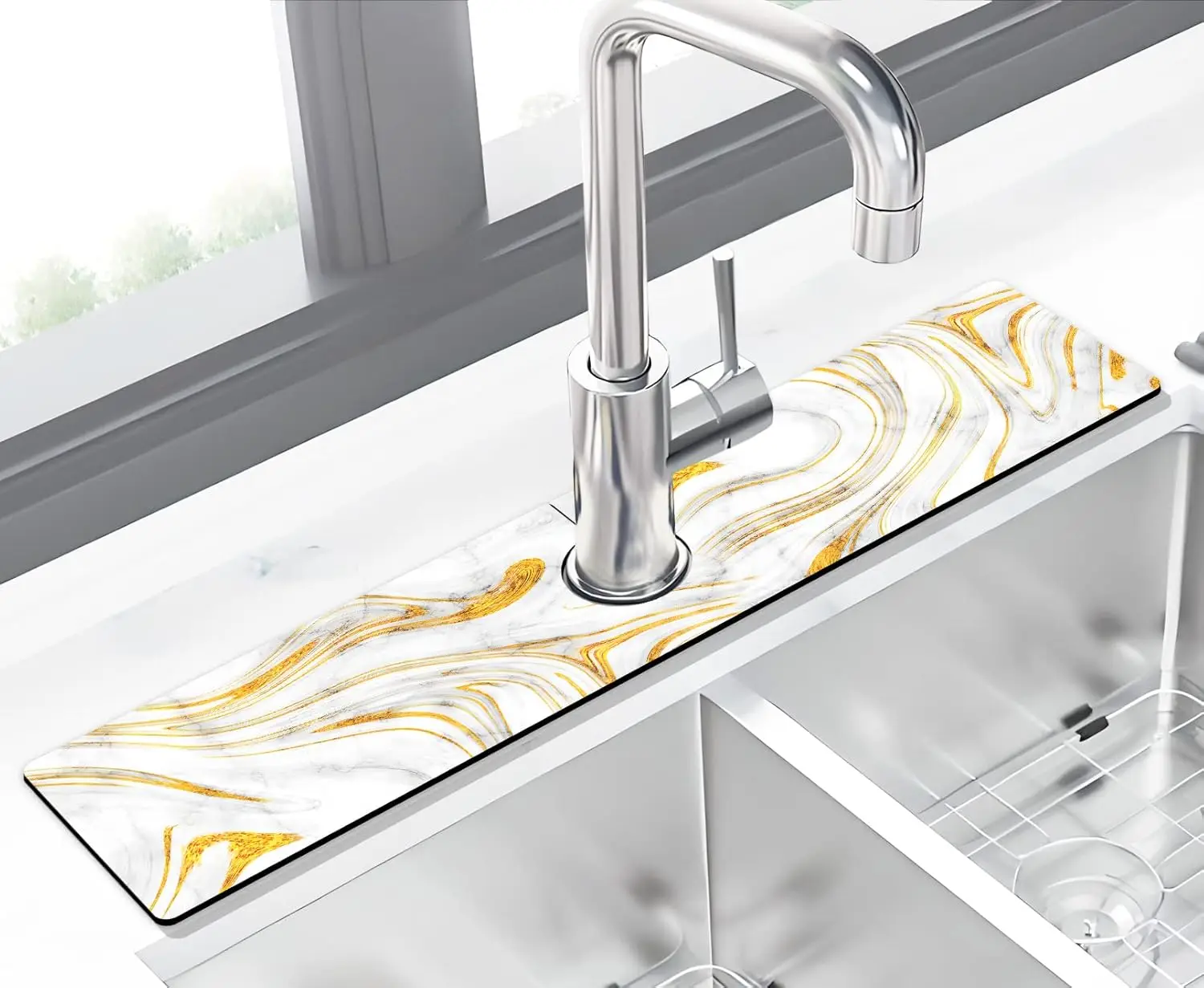 VIKAMA Wasserhahnmatte mit Marmormuster, spritzwassergeschützte Matte für Küchenspüle, super saugfähige und schnell trocknende Matte, Küchenzubehör