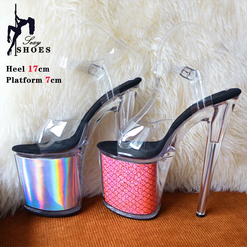 High-quality 17CM/7inches Women Sandals Stripper High Heel Shoes Transparent Platform Glitter Stiletto Pole Dance Shoes Wedding