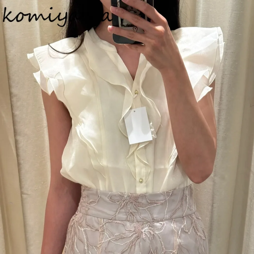 

Sweet Ruffles Woman 2025 Shirts Blouses V-neck Single Breasted Blusas Mujer Japan New Clothing Summer Fairy Ropa Mujer Camisas