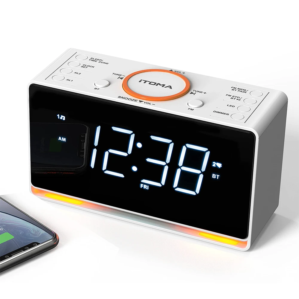 Radio Reloj Despertador Digital iTOMA 718: Pantalla LED Blanca de 1.4 Pulgadas, Bluetooth, Radio FM, Alarma Doble, Temporizador de Apagado, Función de Repetición, Automático/Manual