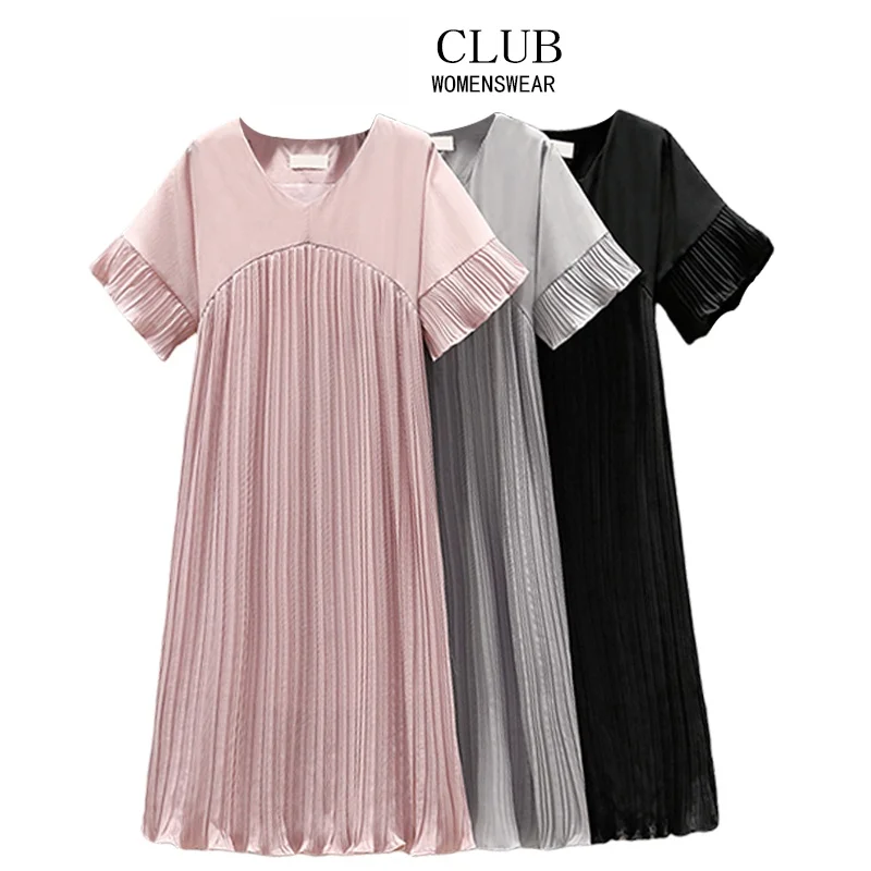 

plus Size Women's Summer Dress Cara CLUB Loose Meat Concealing Slimming Pleated Chiffon Dress Commute Style Korean Version