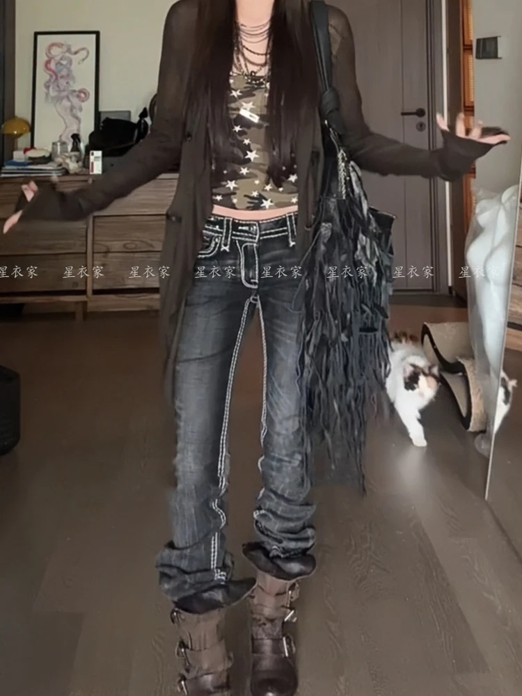 Vintage High Street Low-Waisted Jeans Women 2025 New All-Match  Y2K Denim Trousers Female Sexy Slim Fit Locomotive Style Pants