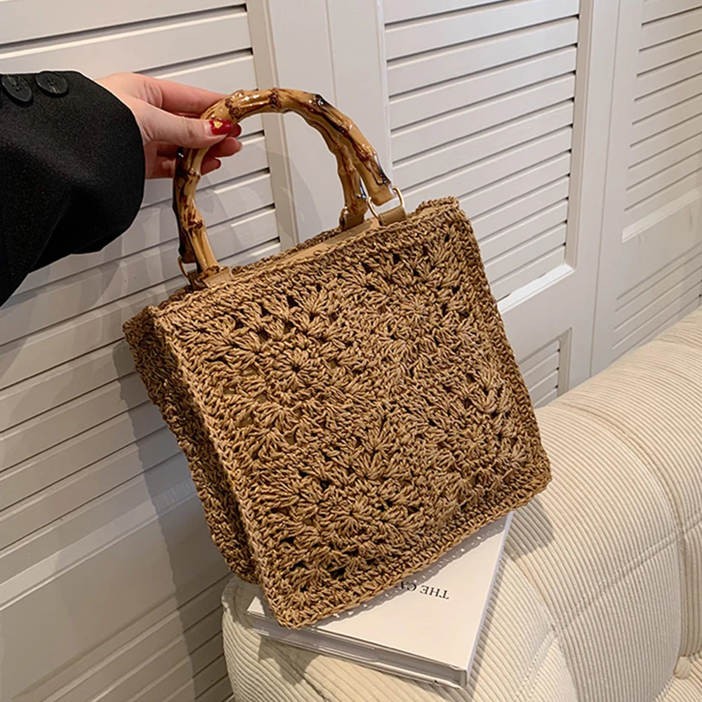 Hollow Crochet Beach Bags for Women Bamboo Handle Women\'s Handbags Paper Rope Knitting Clutch Bohemian Travel Tote Square Purse