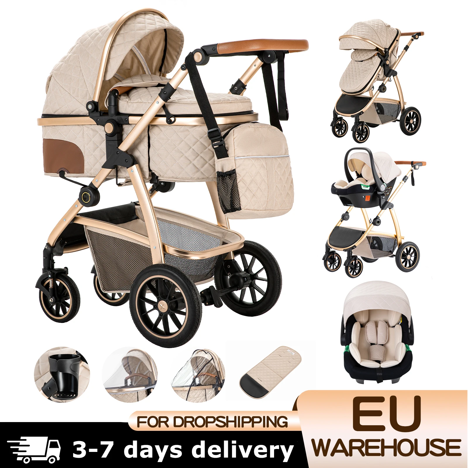 Poussette de voyage 3 en 1 avec poignée réglable en hauteur, poussette de voyage avec moustiquaire, poussette bébé avec cadre en aluminium