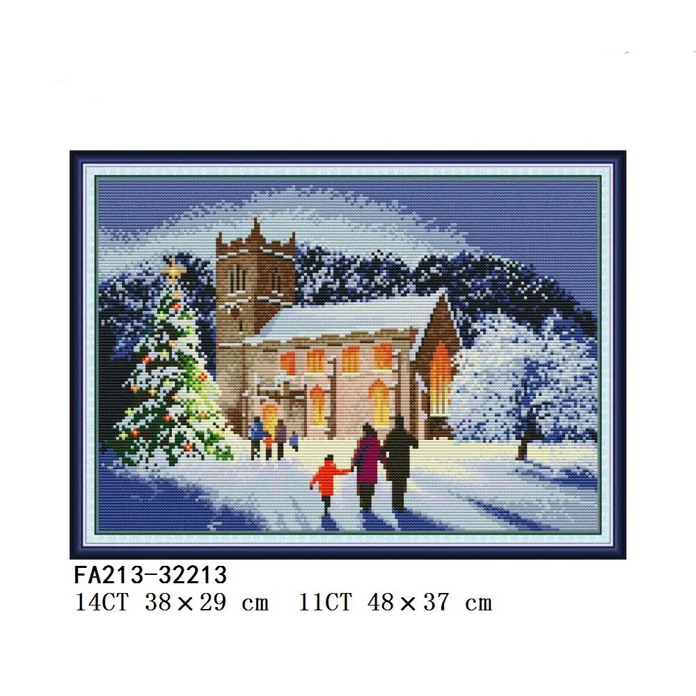 Warm Winter Christmas Eve in Town for Church, Snowy Night, Rural Snow Night, Cross Stitch, FA181, FA197, FA198, FA213, FA216