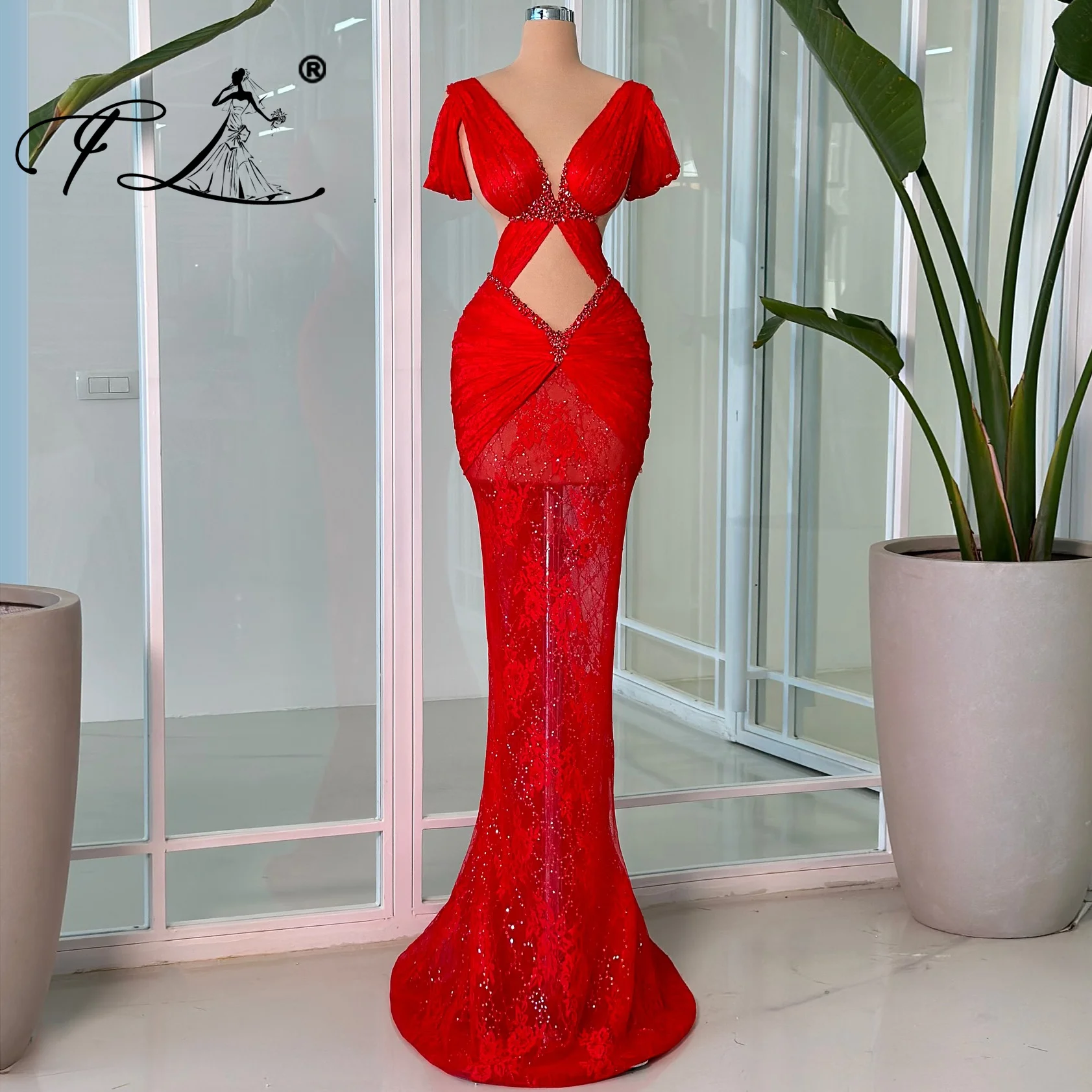 Red V-neck Short Sleeves Lace Crystal rmaid Party Dresses Sexy Crop top Evening Dresses Women Luxury for Special Occasions