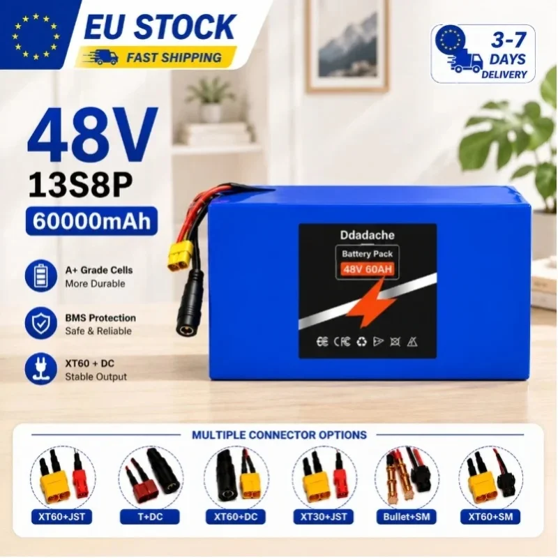 48V 60Ah Lithium-Akkupack 13S8P 18650 Wiederaufladbarer Li-Ionen-Akku Smart BMS XT60 DC-Anschluss EU-Lager Schneller Versand für E-Bike Elektroroller Solarenergiespeicher Wohnmobil Camping