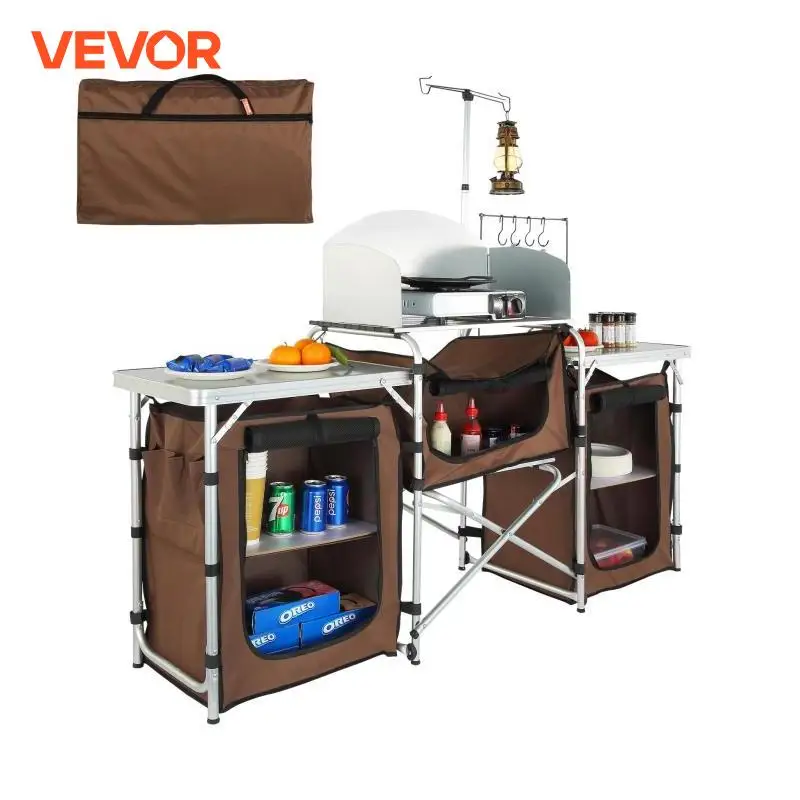 VEVOR Camping Kitchen Table Folding Outdoor Cooking Table with Storage Carrying Bag Aluminum Cook Station 3 Cupboard  Windscreen