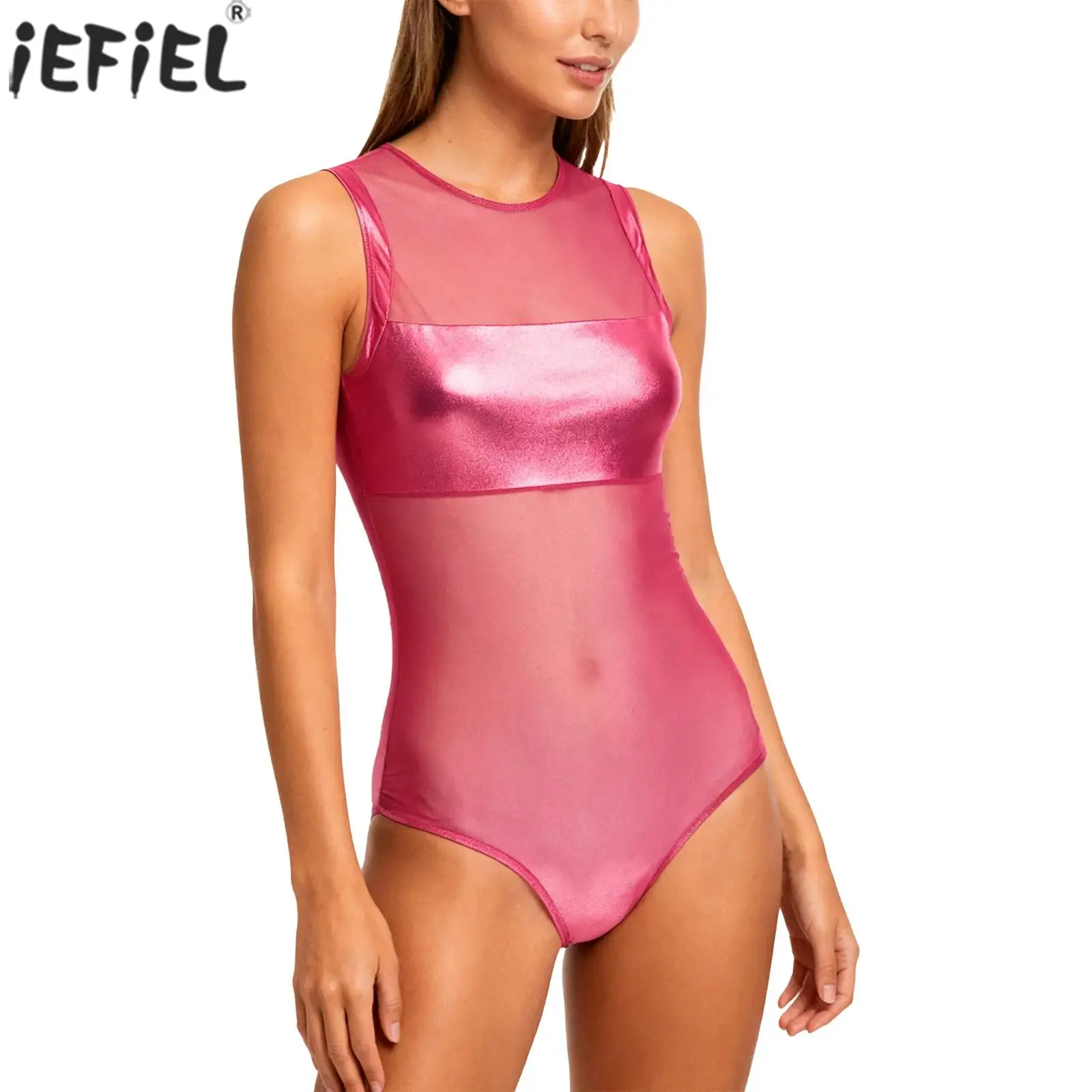 

Women Sheer Mesh Patchwork Metallic Bodysuit Sleeveless Translucent Stretchy Leotard Swimsuits Beachwear Pool Party Swimwear