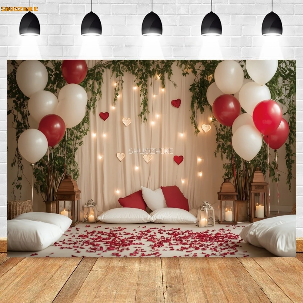 Hochzeit Porträt Fotografie Hintergrund Romantische Valentinstag Weiße Vorhänge Liebe Ballon Rose Blumen Party Dekor Hintergrund