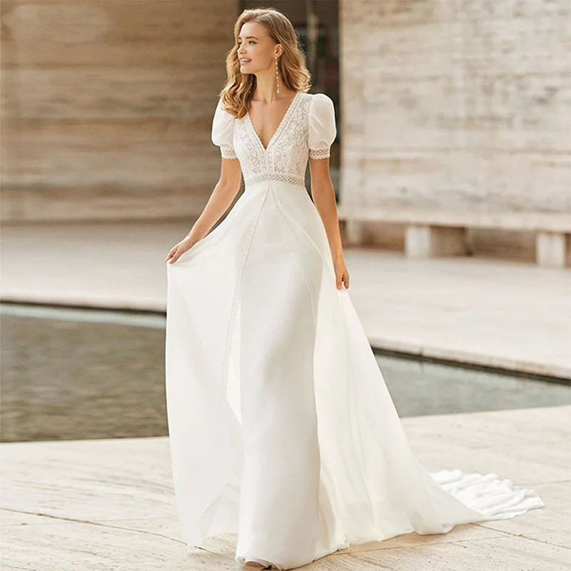 

New Beach Boho Wedding Dress 2025 V-Neck Short Sleeves Lace Appliques Chiffon Bohemia Bridal Gowns A-line Vestidos De Novia