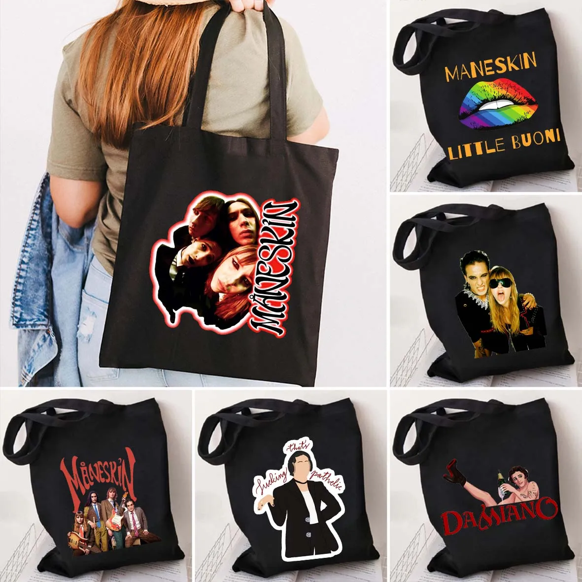 Cool Italia Music Damiano David Maneskin Victoria Damian Girl Shoulder Shopping Canvas Tote Bag Harajuku Fashion Shopper Handbag