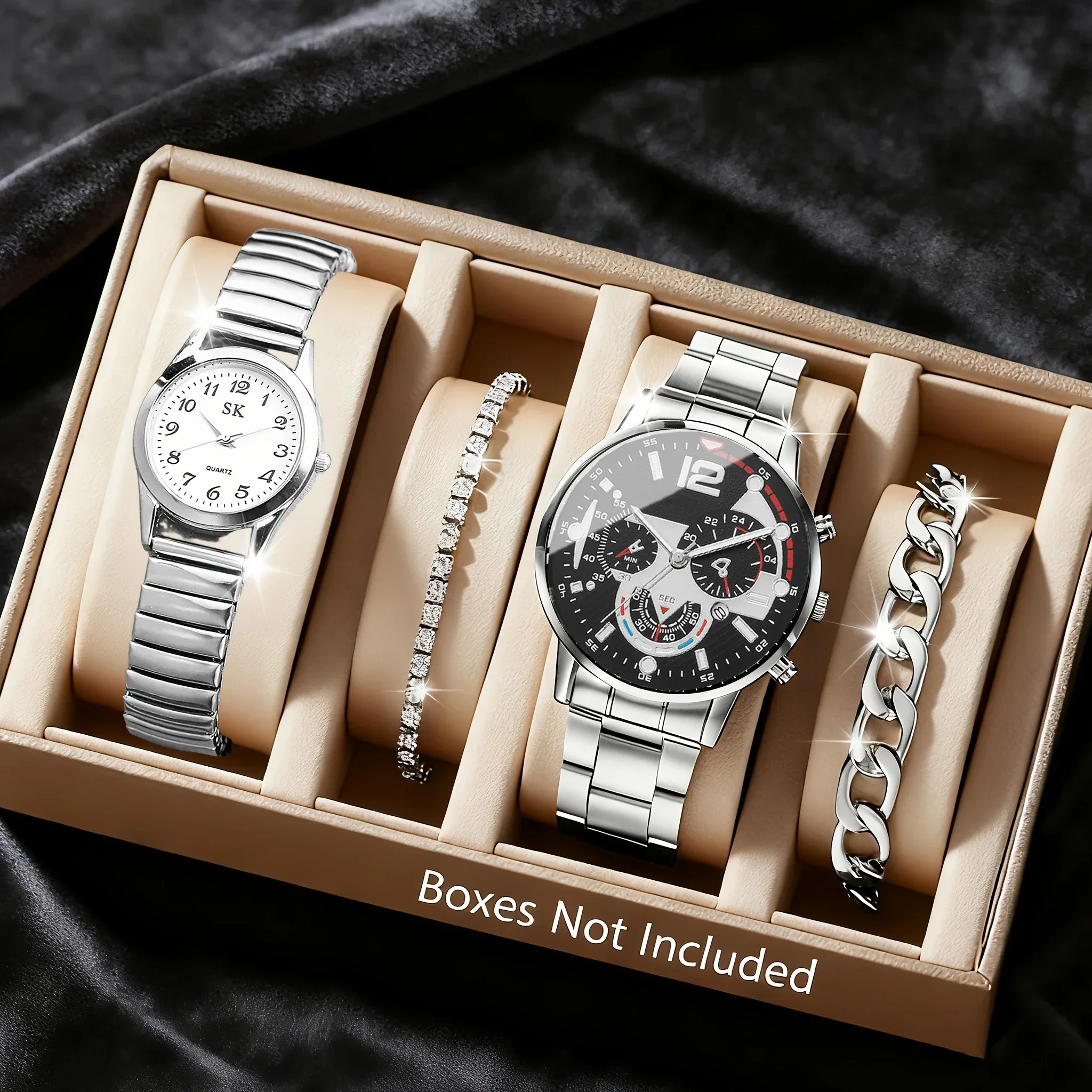 4 Pieces Fashion Couple Watches Bracelets Set Men Calendar Business Watches Ladies Elastic Band Watch-Bracelet (Without Box)