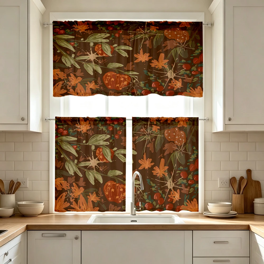 Fall Kitchen Curtains, Dark Autumn Leaf Berry Branch, Digital Print, Kitchen Dining Room, Rod Pocket Polyester, Home Decor