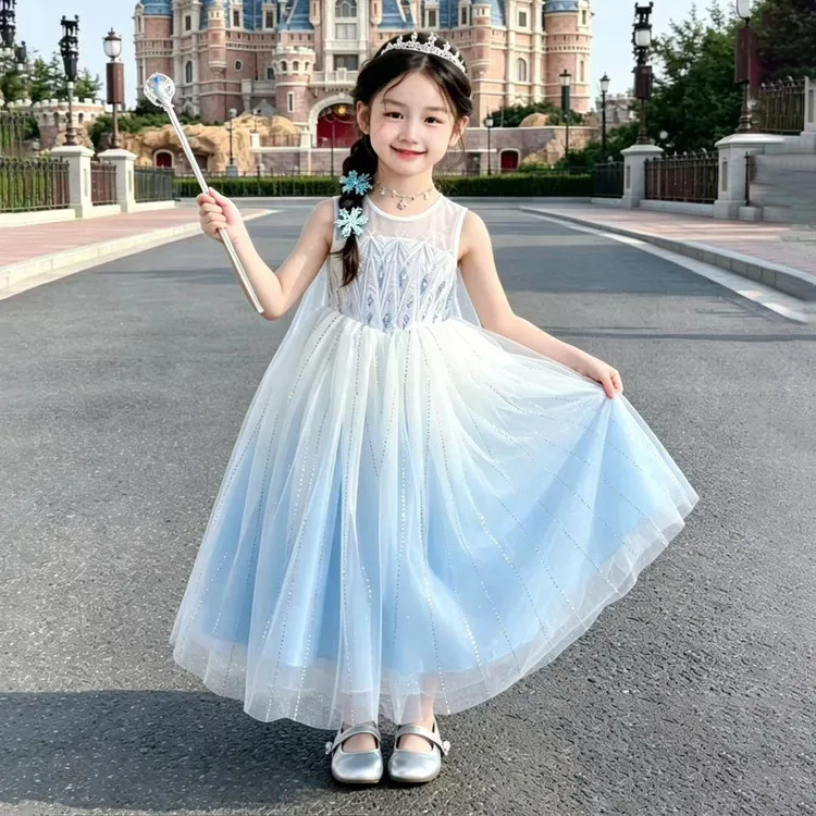 Vestido de Princesa para Meninas, Conjunto Elegante e Bonito para o Verão, Saia de Princesa Elsa, Material de Renda, Tecido M...