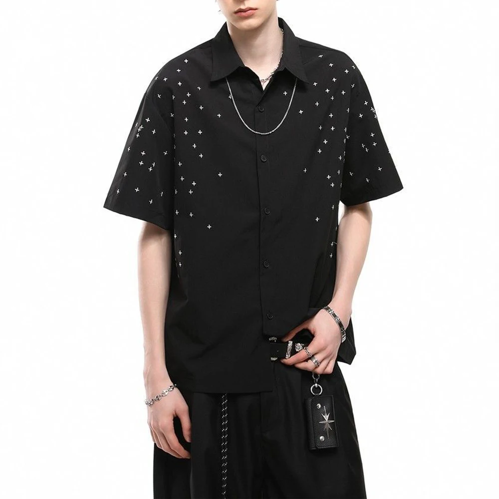 Mens Cross Pattern Color Block Casual Shirt Summer Streetwear Fashion Youth Outdoor Versatile Short Sleeve Top Men'S Clothing