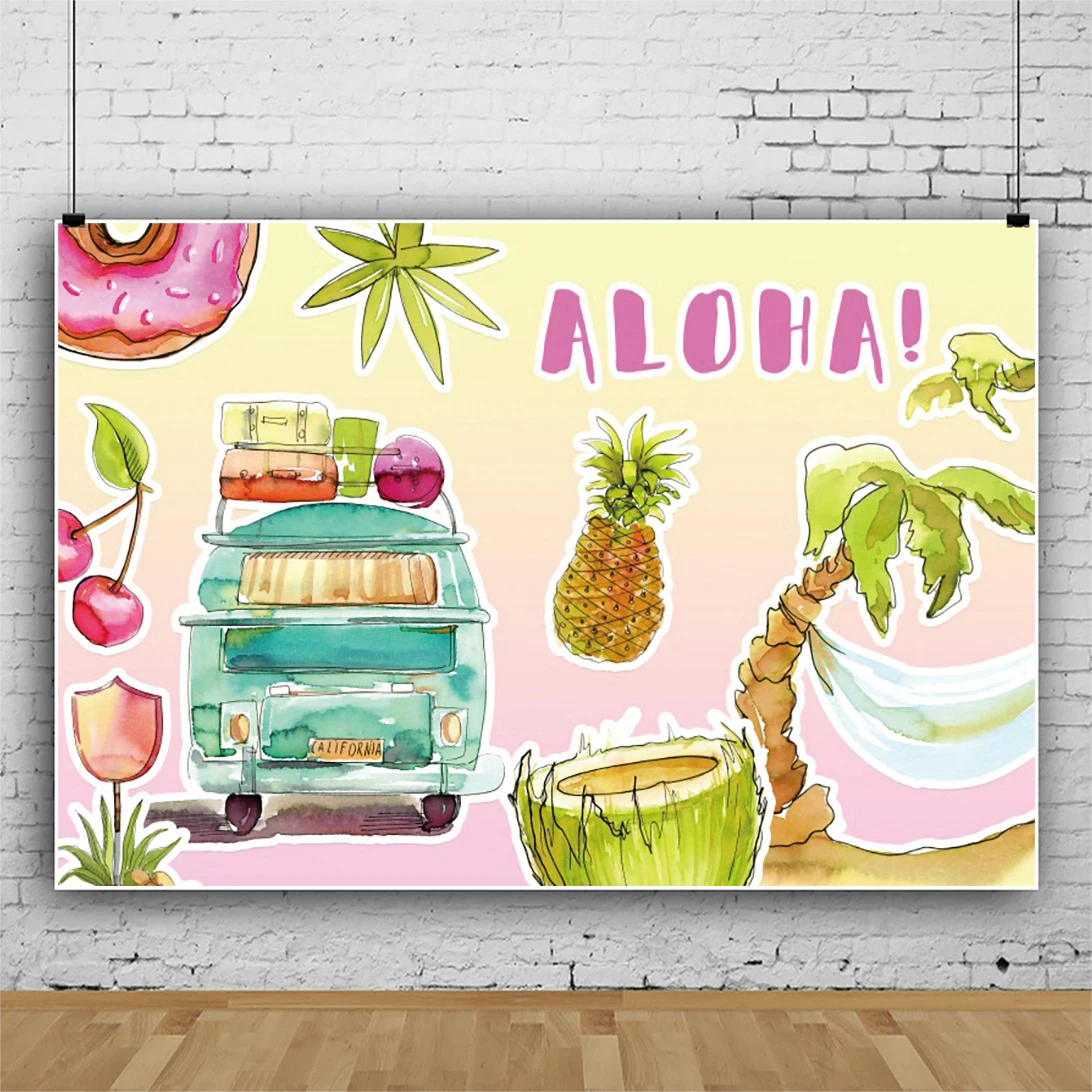 Laeacco Summer Alloha Baby Shower Backdrop Watercolor Coconut Pineapple Donut Girls Birthday Customized Photography Background