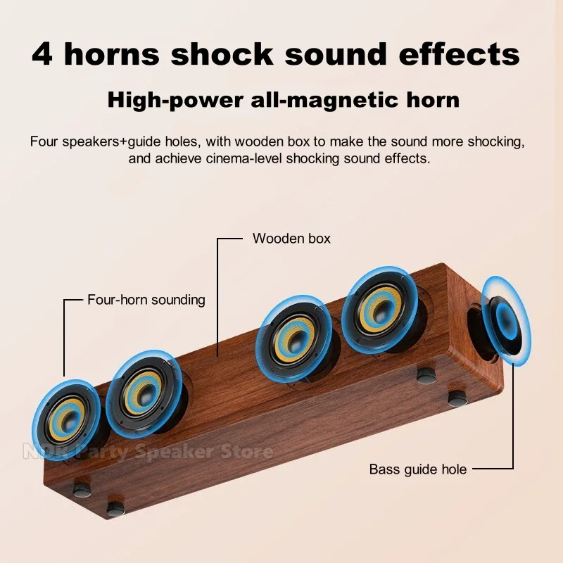 Top Seller Four Horns Bass HI-FI Loud Subwoofer Table Wooden Wireless Bluetooth Boombox Portable Strip Speakers FM Radio