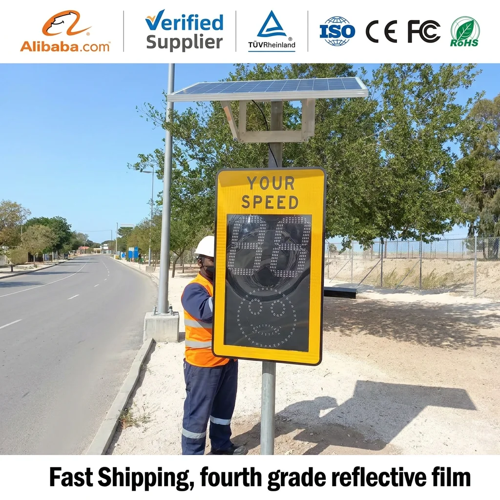 Factory Price Aluminum LED Display Traffic Cone Speed Detector Solar Radar Speed Limit Sign 1-199km/h