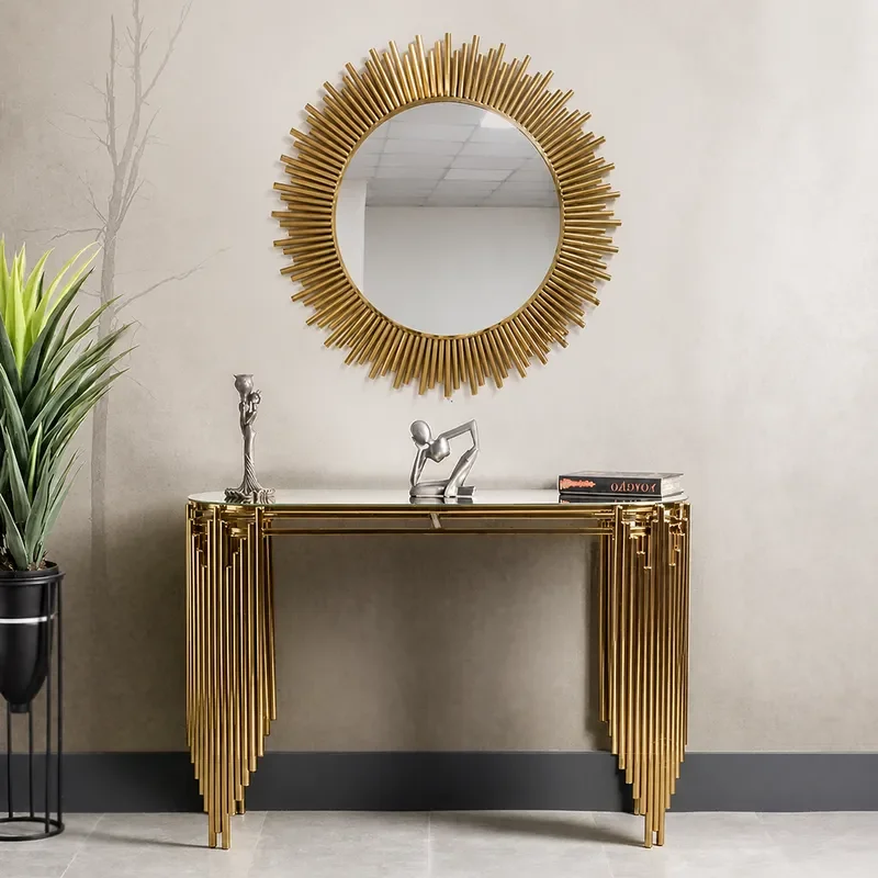 Luxury Stainless Steel Titanium Gold Entrance Table with Tempered Glass and Marble Sun Mirror for Hotel Living Room Console