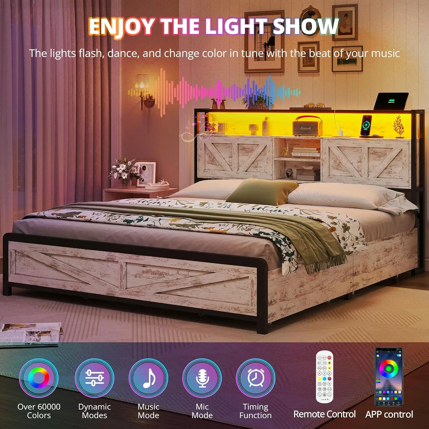 Farmhouse LED Queen Bed Frame com cabeceira e gavetas, USB-C/A estação de carregamento, cabeceira com armazenamento oculto