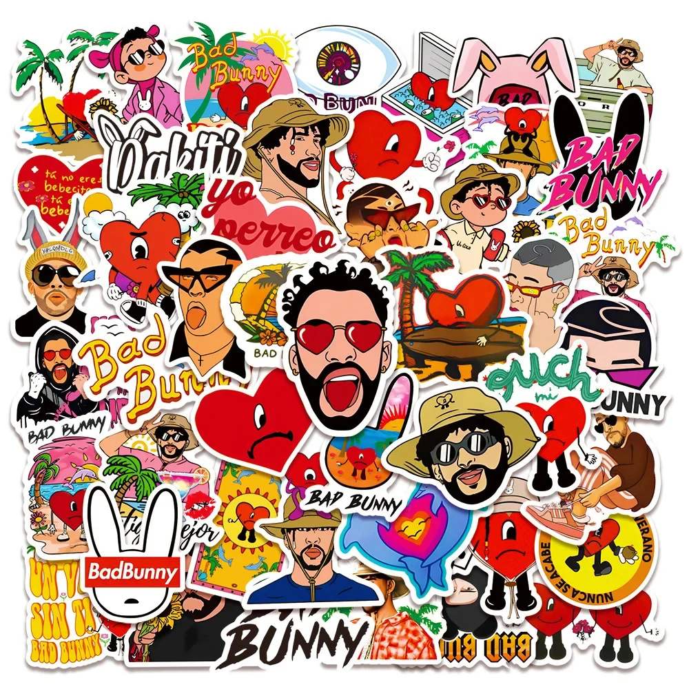 50PCS Singer Bad Bunny Stickers Cartoon Graffiti Decals DIY Laptop Suitcase Fridge Notebook Sticker For Teenager Toys Gift