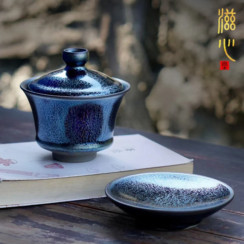 Zixin Hall Blue Qilin Built Cover Bowl Pure Handmade Dragon Scale Pattern Sancai Cup Raw Mineral Iron Body Kung Fu Tea