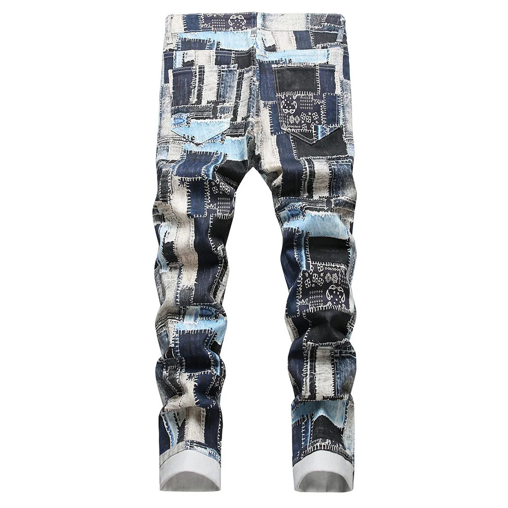 Mannen Patches Print Stretch Jeans Modekleurige Geschilderde Denim Broek Slanke Rechte Broek