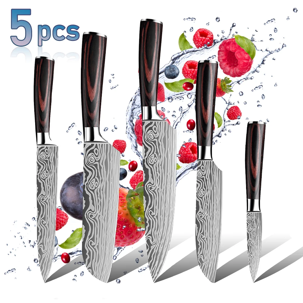 ZENG Küchenmesser-Set mit Lasermuster, Kochmesser, ultrascharfes Santoku-Schneidemesser, ergonomischer Holzgriff in Farbe, Kochmesser