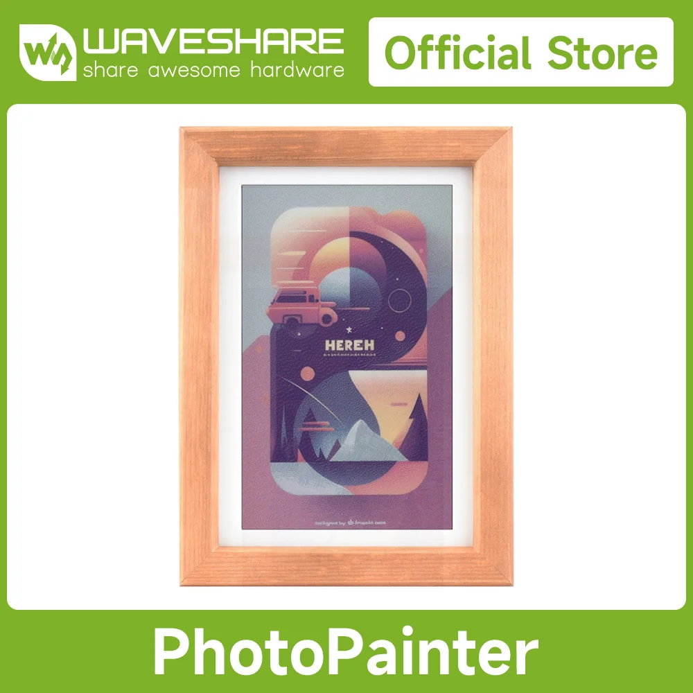 PhotoPainter Waveshare 7.3Inch E-Paper Display ACeP 7-Color E-Ink Screen Module with Solid Wood Photo Frame Long Standby 800x480