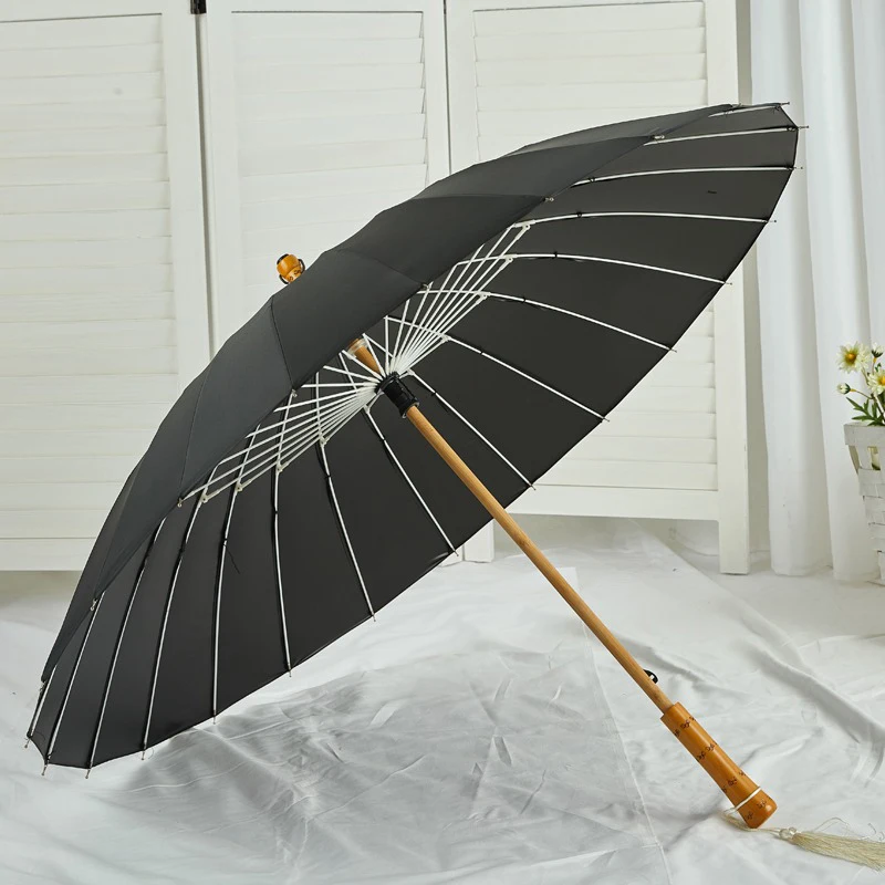 24K Retro Chinese Long Handle Umbrella Luxury Wood Handle UV Sun Protection Parasol Umbrella Male Female Rain Sunny Umbrellas