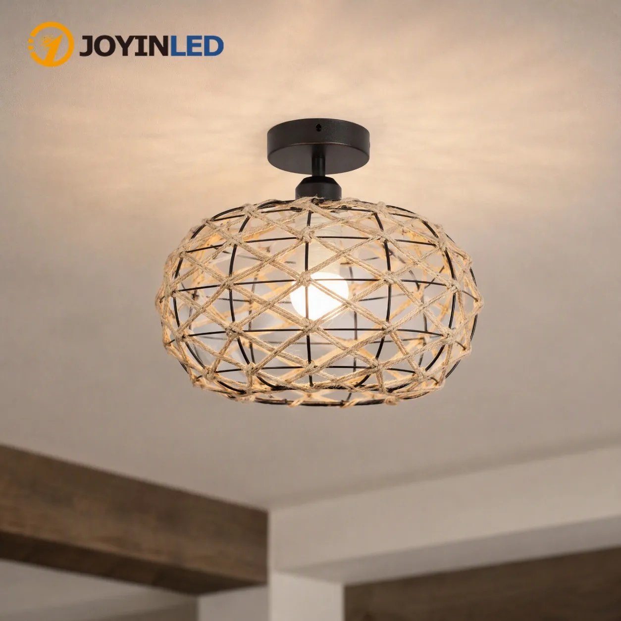 JOYINLED Industrial Hemp Rope Ceiling Light, Vintage Iron Semi Flush Mount Ceiling Lamp Dia 30cm E27 Base for Kitchen Island