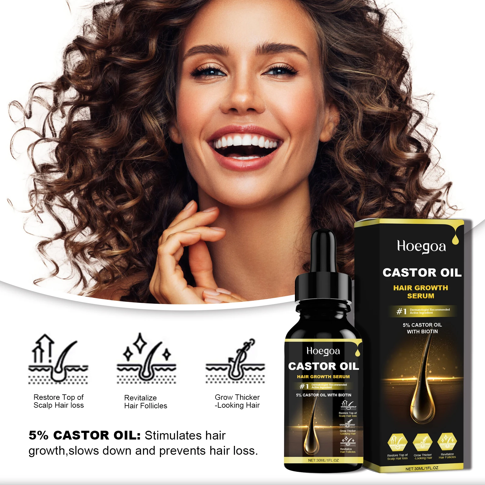 HOEGOA 30mL Hair Growth Serum Promotes Hair Growth Strengthens Roots Prevents Dryness Deeply Moisturizes Black Castor Oil