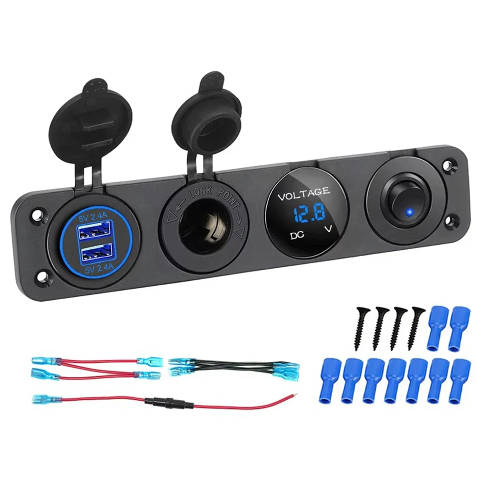 4 in 1 ON/OFF Charger Socket Panel Dual USB Socket Power Outlet & LED Voltmeter &Cigarette Lighter Socket LED Switch