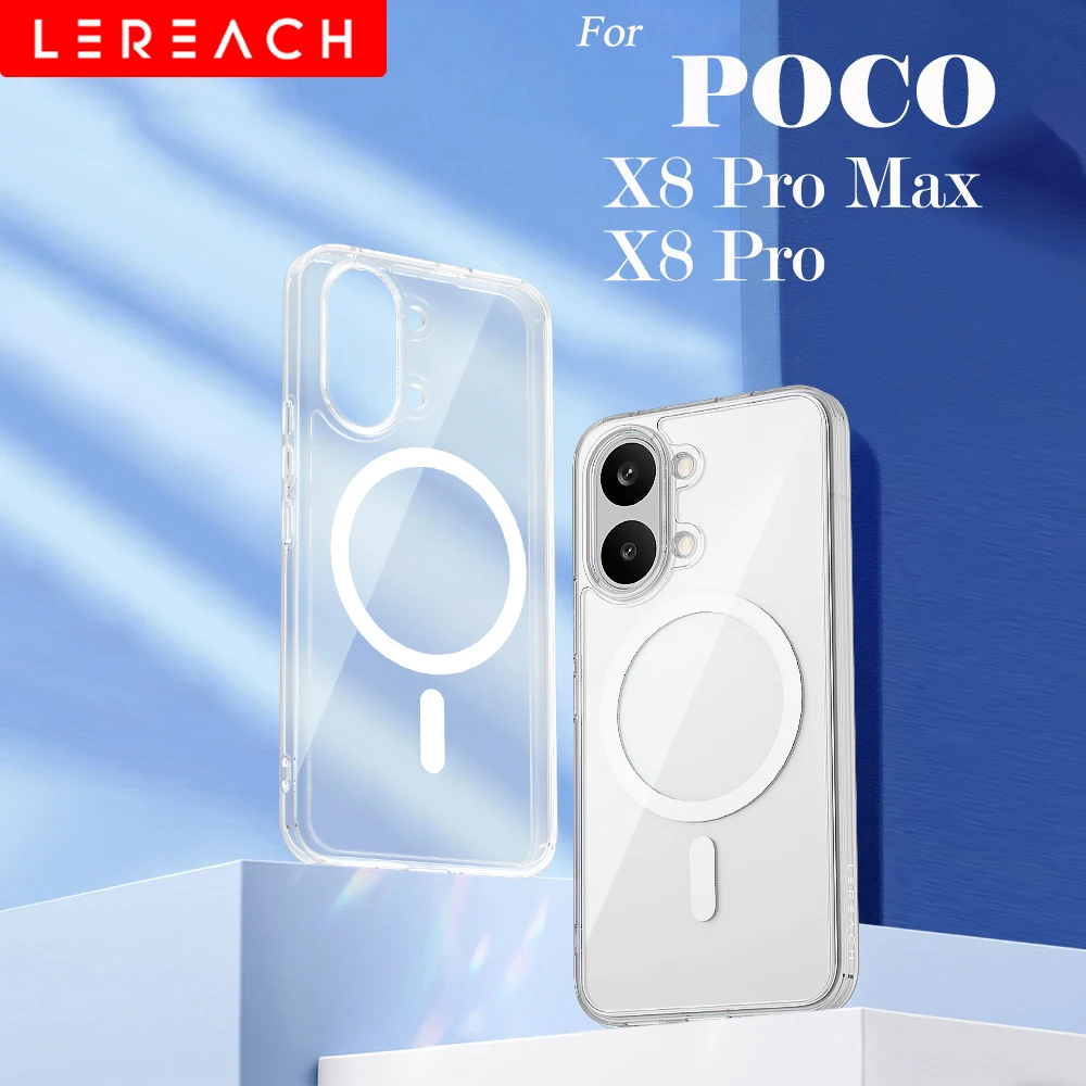 Lereach for POCO X8 Pro Max X8 Pro Magnetic Crystal Clear 4-Corner Shockproof Phone Case Wireless Charging Cover