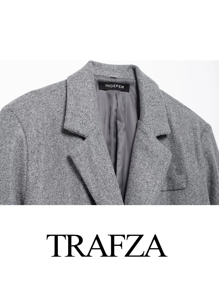 Trafza-女性用ダブルブレストコート、カジュアルコート、折り返し襟、長袖、ポケット装飾、女性のトレンディ、グレー、冬、2022