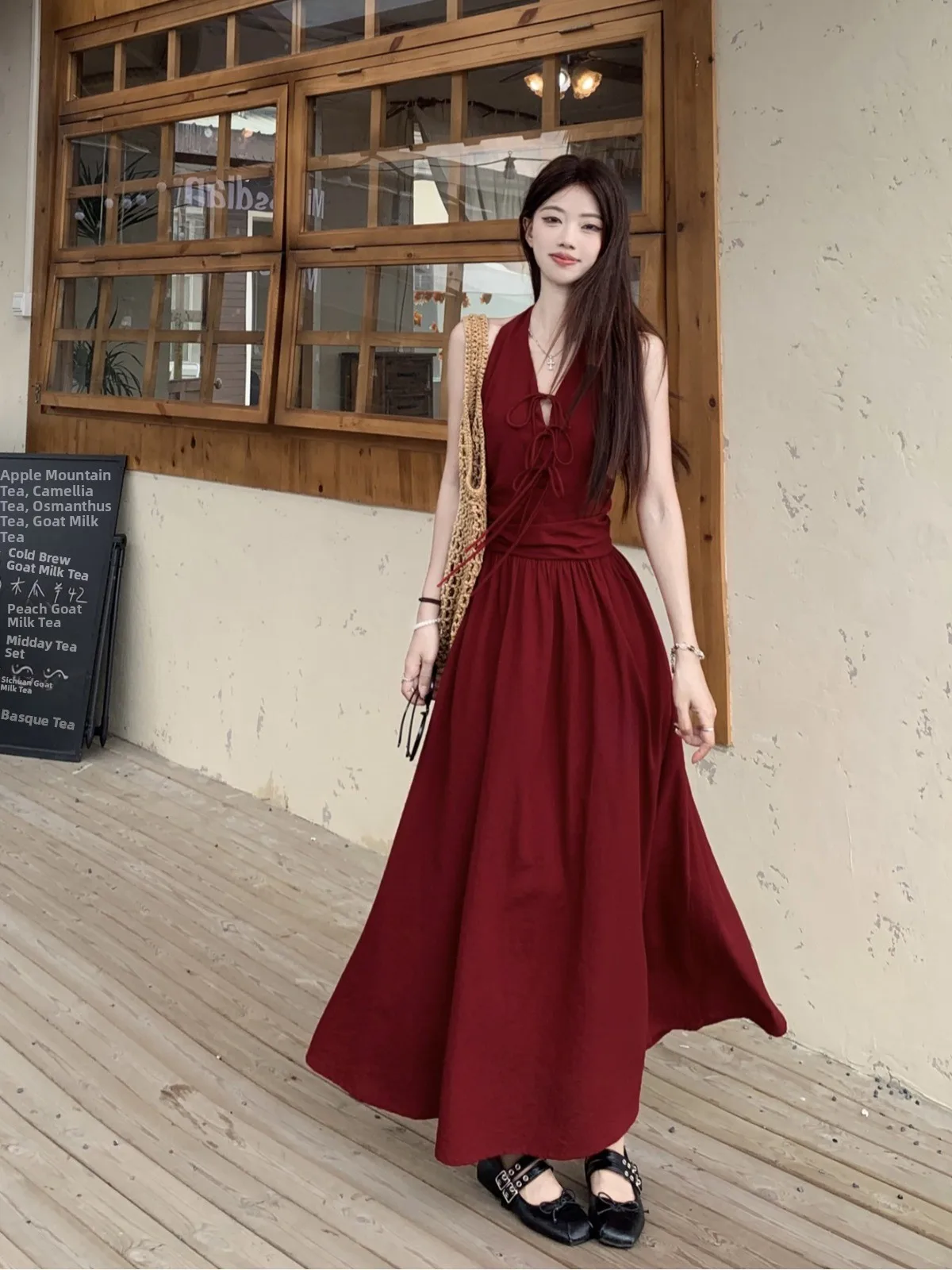

plus Size Red Hong Wei Belted Long Dress Summer New Style Slimming Design Korean Version A-Line Skirt without Sleeve Hanging ...