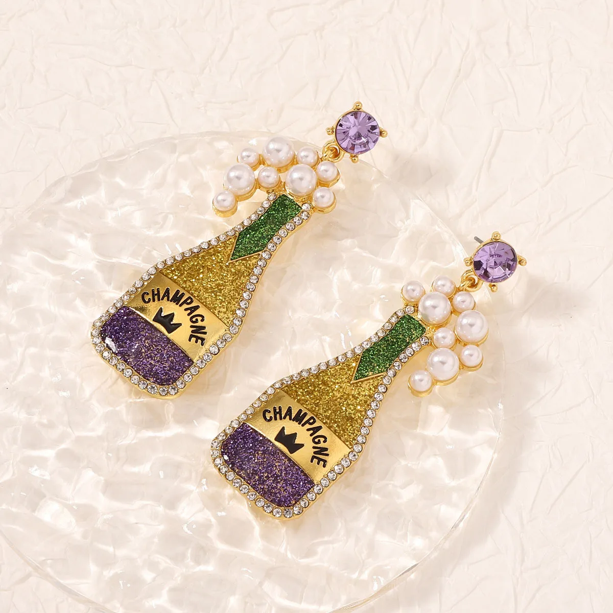 Mardi Gras Rhinestone Champagne Bottle Earrings for Women Mardi Gras Champagne & Bubbles Earrings - Holiday Party Celebration