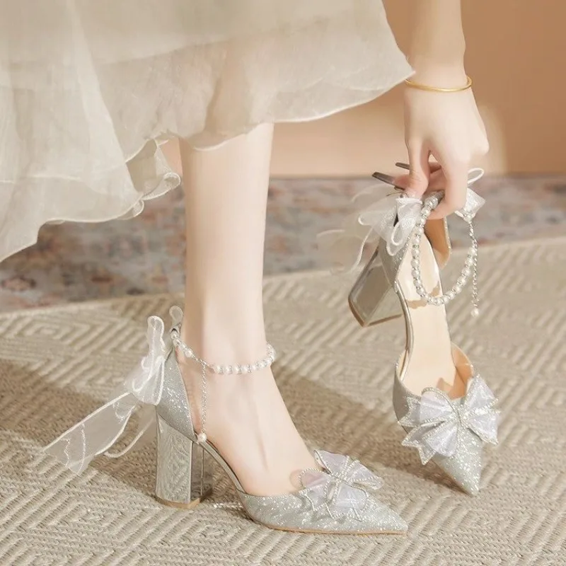 

Women Wedding Shoes Pointed Thin Dress Thick Heels Bow Silver Beautiful High Heels Adult Ceremony Party Lady Pumps Zapatos Mujer