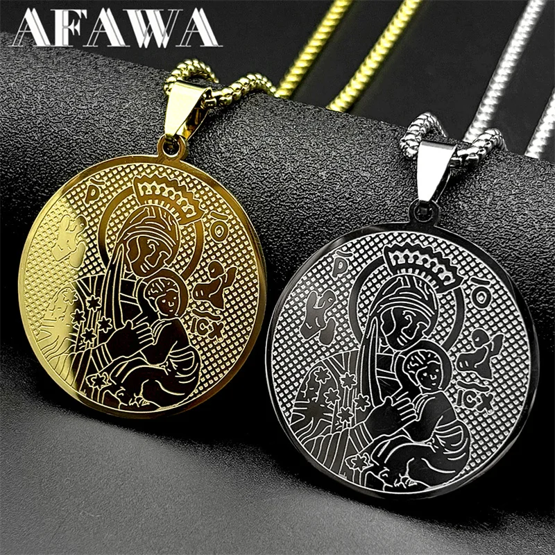 

Virgin Mary Hold Baby Jesus Pendant Necklace for Women Men Stainless Steel Gold Color Catholic Mother Mary Chain Amulet Jewelry