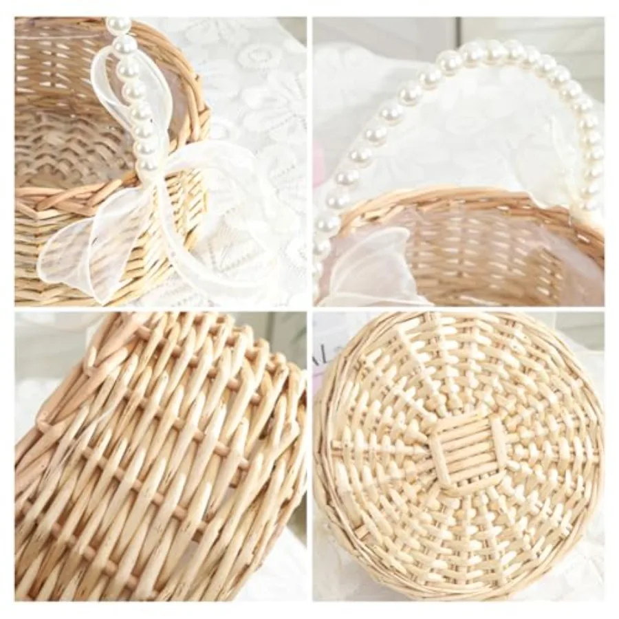 Wedding Flower Girl Basket with Pearl Handle Bow and Waterproof Lining for Outdoor Picnic Handwoven Cute Small Wicker Rattan Fa