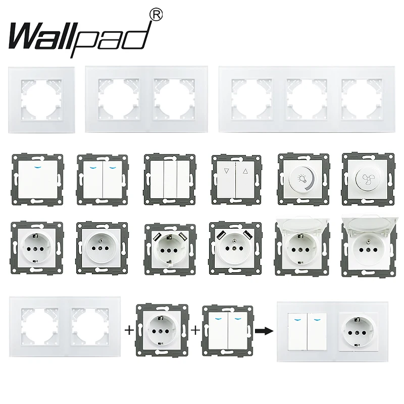 

EU 1/2/3Gang 1/2Way Mechanical Button Switch With LED Part Wall Socket Outlet Function Key DIY Glass Frame Part White Round Box