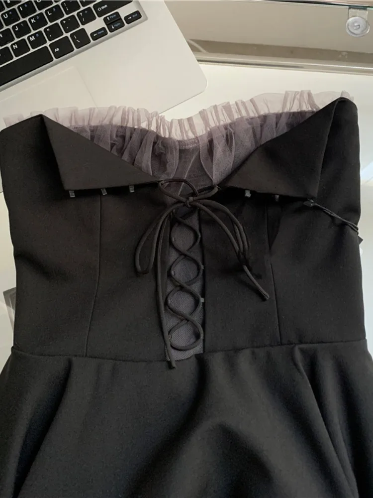 Sweet Cool Mesh Stitching Sleeveless Off-Shoulder Sexy Backless High Waist Slim Fit Irregular Short Strapless Dress Women Summer