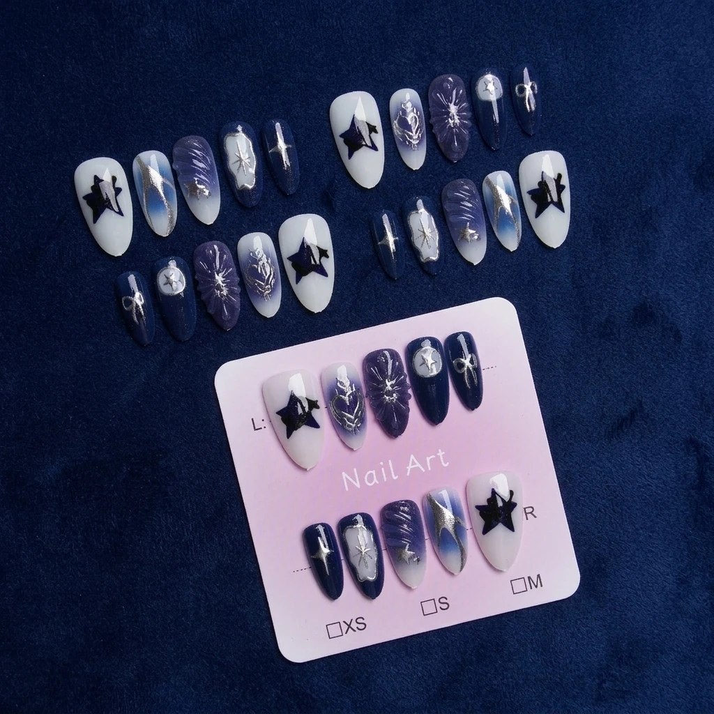 Resin Press on Nails for Wedding Women Gothic 3D Embossed Blue French Ombre False Nails Reusable Almond Shape Fake Nails Set