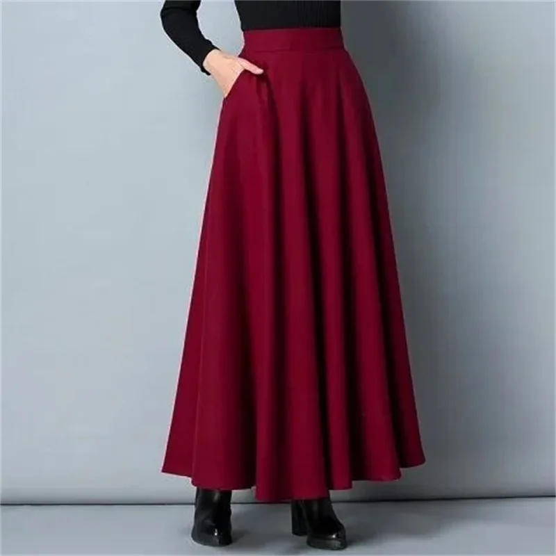 

Wine Red Woolen Women's Long Skirt 2024 New High Waist Slim A-line Large Swing Skirt Female A-Line Skirts 3XL