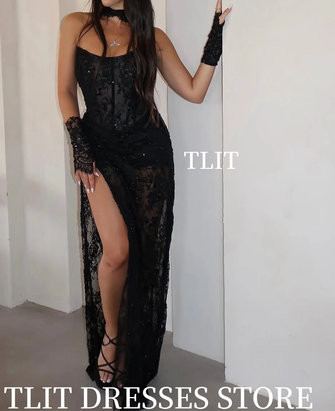 TLIT 반짝이는 블랙 레이스 머메이드 이브닝 드레스 스위트하트 슬리브리스 하이 사이드 슬릿 프롬 가운 맞춤 제작